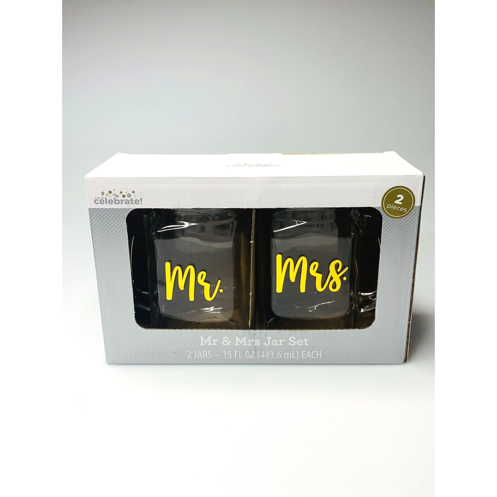 Way to Celebrate Mr & Mrs Jar Set, Clear Glass Jar Mugs with Handles, 15 fl oz